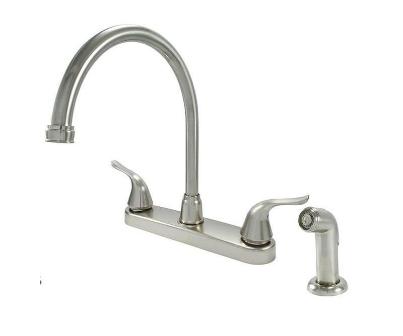 Wasserman Faucets Wasserman 23073124 - Mobile Home RV Kitchen Sink Faucet High Spout Dual Lever Handle with Side Spray, High Arc, Deck Mount, Brushed Nickel, 8 inch on Center, for Campers, Motorhomes, Travel - Image 1